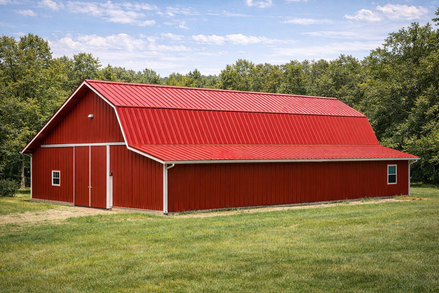 Exposed-fastener 5-rib ag panel metal roof on a barn in the North Carolina foothills