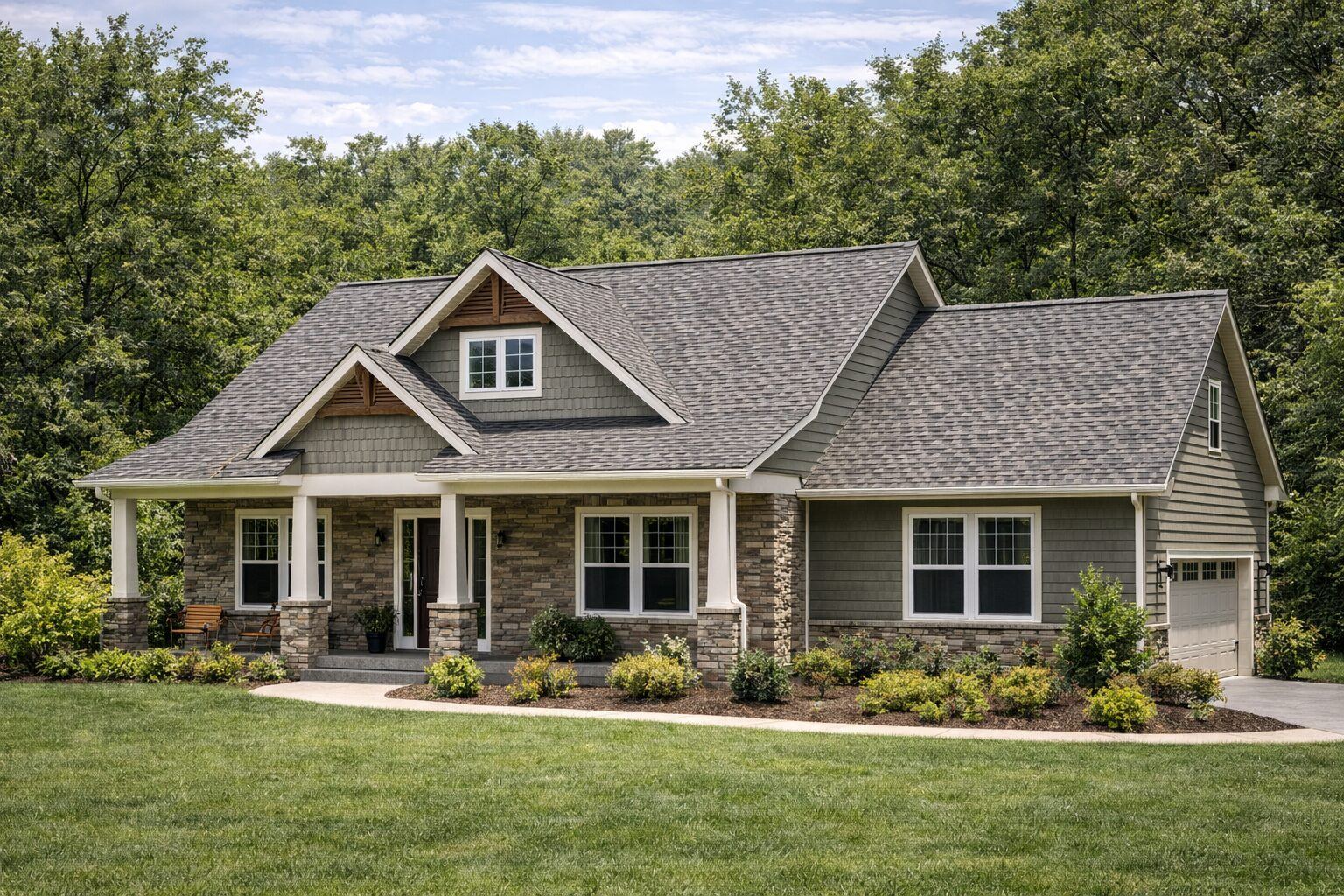 Architectural asphalt shingle roof on a craftsman-style home